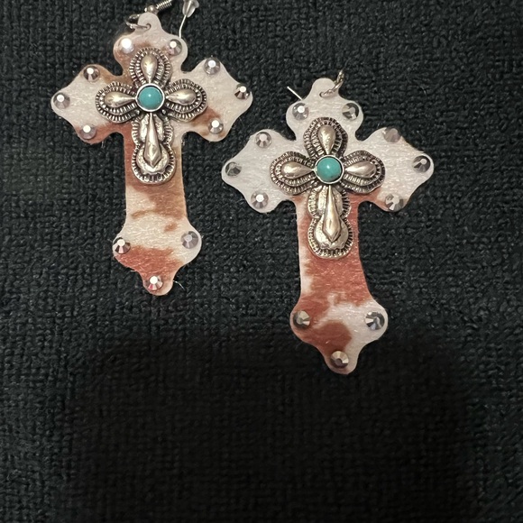 NWOT Leopard Cross Earrings with Turquoise Accent - Picture 3 of 4